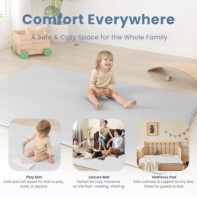 Baby Play Mat for Summer, 1.3 Thick Extra Large Memory Foam Cooling Floor Tummy Time Mat, Soft & Breathable, Non-Slip Rectangular for Toddlers’ Playtime & Rest(Grey,79"x118")