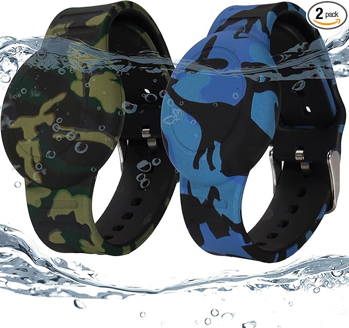 2 Pack Waterproof Bracelet for AirTag Kids, Hidden Printed Wristband for Apple Air Tag, Silicone Holder for AirTag GPS Tracker Case for Band for Child Toddler, Secure Anti-Lost Protection(Camouflage)