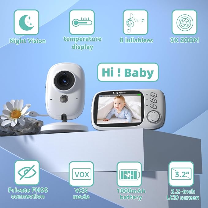 No WiFi Baby Monitor with Camera and Audio,Lag-Free Connection,Plug & Play,IPS Screen,HD Camera,Night Vision, 2-Way Talk,8 Lullabies,1000ft Range,Portable Baby Monitor,2025 Parents' Trusted Choice