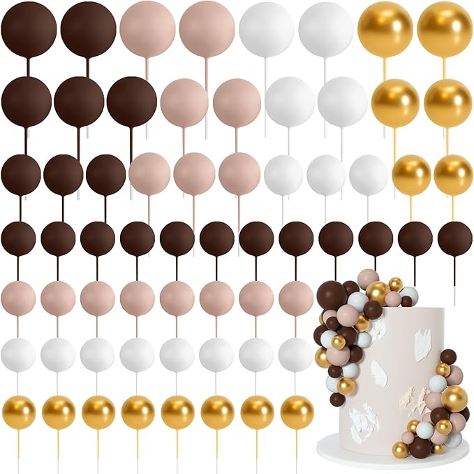 75 Pieces Cake Balls Topper Decorations Foam Cupcake Topper Mini Balloon Cake Topper Picks for Cake Deco Birthday Party Wedding（Brown Gold White Series）