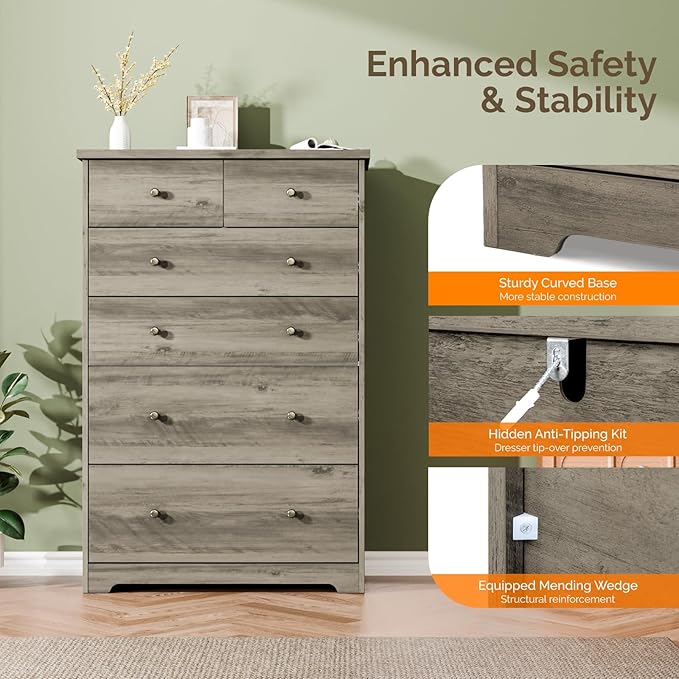 VINGLI Tall Dresser, Rustic Grey Dresser 6 Drawer Chest of Drawers, Wood Gray Dressers for Bedroom, Hallway, Home Office, 31.5" W x 15.75" D x 47.64" H