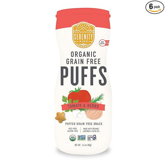 Serenity Kids 6+ Months Grain-Free Allergen-Safe Puffs for Toddlers & Babies - No Grains, Gluten, Nuts, Rice - Organic Veggies, Legumes, Olive Oil, Tomato & Herbs - 6 Count - Can Of Puffs