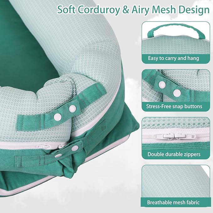 Baby Lounger, Deluxe Infant Lounger, Baby Nest Cover for Baby, Breathable Cotton, Adjustable Baby Floor Seat for Tummy Time, Newborn Essentials for Baby 0-12 Months (Greener)