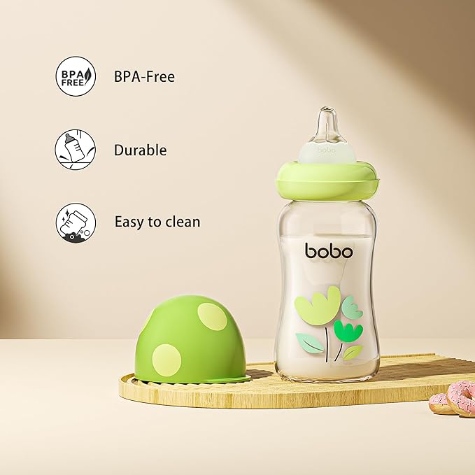 YOHKOH Natural Glass Baby Bottle with Natural Response Nipple, Newborn Anti-Colic Baby Bottles, Wide Neck Mushroom Cap Baby Bottle, Clear (Green, (5.4oz (Pack of 4))