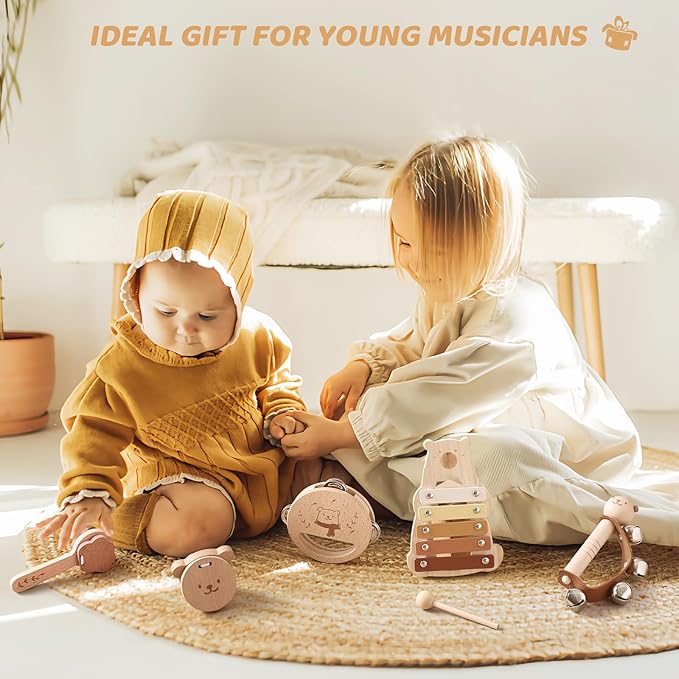 EERKEOD Toddlers Montessori Wooden Toys Percussion Musical Instruments with Xylophone Set for Girls Boys Kids Preschool Educational Toys