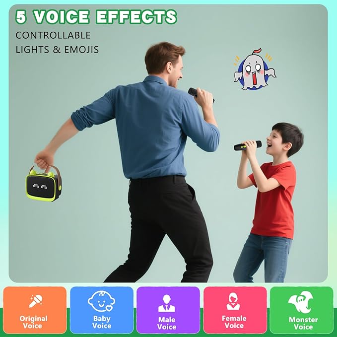 Mgaolo Upgraded Mini Karaoke Machine Toy for Kids, Portable Bluetooth Speaker with 2 Wireless Mics, Emoji & Colorful LED Lights, Home Travel & Party Play Gifts for Boys Girls (Green)