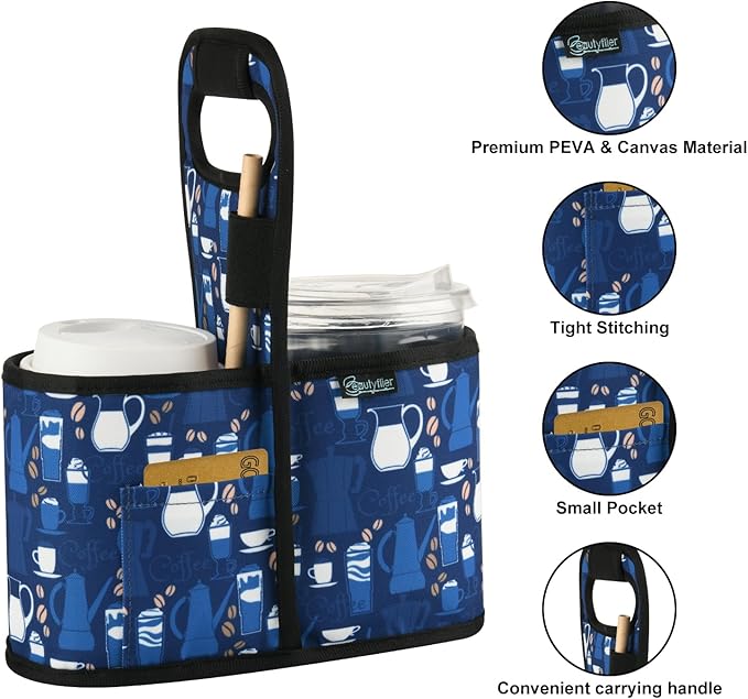 Beautyflier Drink Carrier with Handle for Delivery Reusable Insulated Coffee Cup Carrier Portable Cup Holder with Handle Organizer Tote Bag for Hot & Cold Drinks (2 Cup, Pattern2)