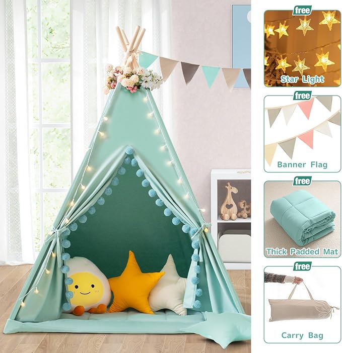 Teepee Tent for Kids with Padded Mat Cotton Canvas Kids Tent with Pompom for Toddlers Indoor Play Tent for Girls Boys with Stars Lights, Carry Bag, Banner Flag (Green)