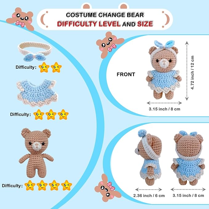 LoopMap Crochet Kit for Beginners - DIY Amigurumi Bear with Removable Dress & Accessories - Step-by-Step Video Tutorials, Extra Yarn, Crochet Tools, Handmade Gift for Kids & Adults (Bear K01, Blue)