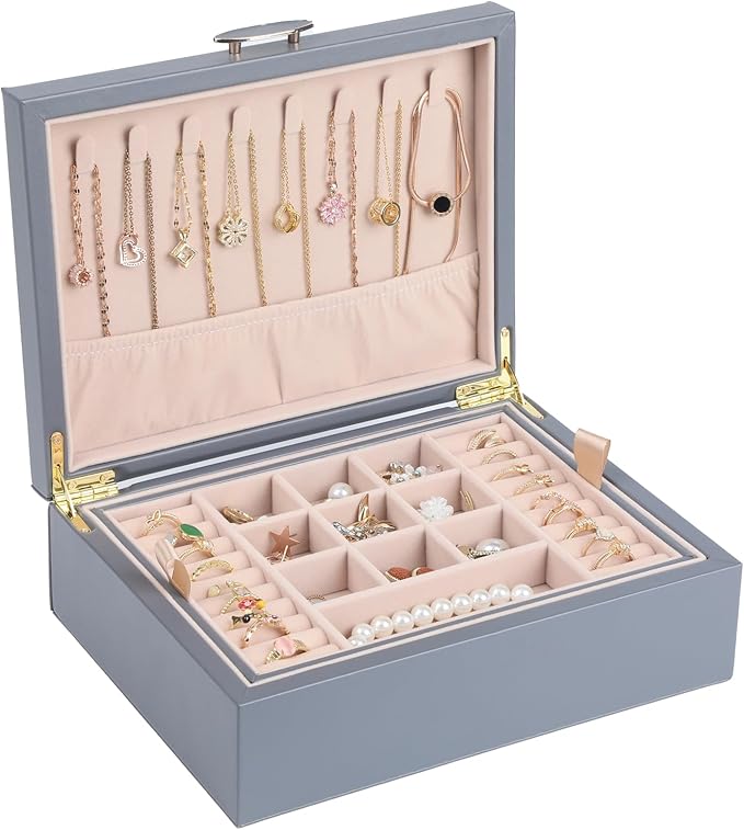 Small Jewelry Organizer for Women, 2-Layer Travel Jewelry Box with Portable Case, Necklace Ring Storage for Dresser, Girls Teens Gifts (Grey)