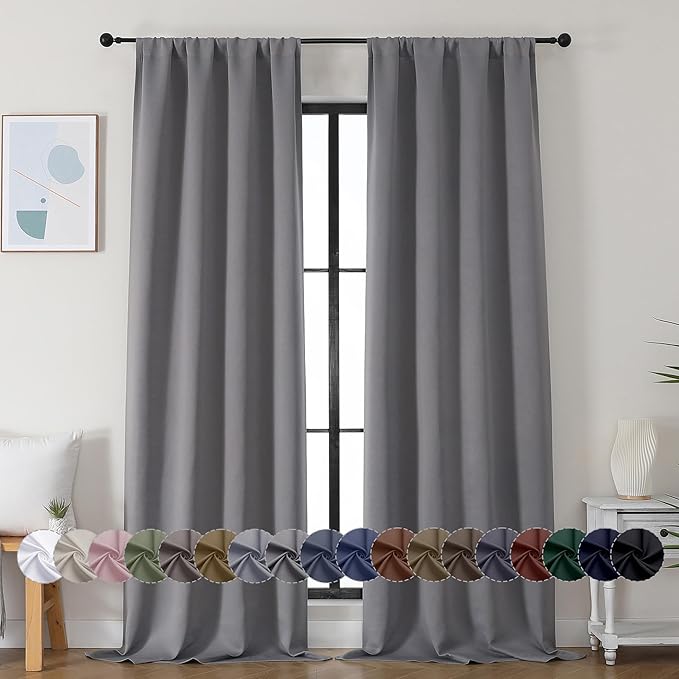 Simplebrand Ava Light Grey Blackout Curtains for Bedroom 90 Inches Long 2 Panels Set, Solid Privacy Energy Saving Living Room Window Treatment Curtains Blackout Drapes, W40 x L90 Inch, Light Grey