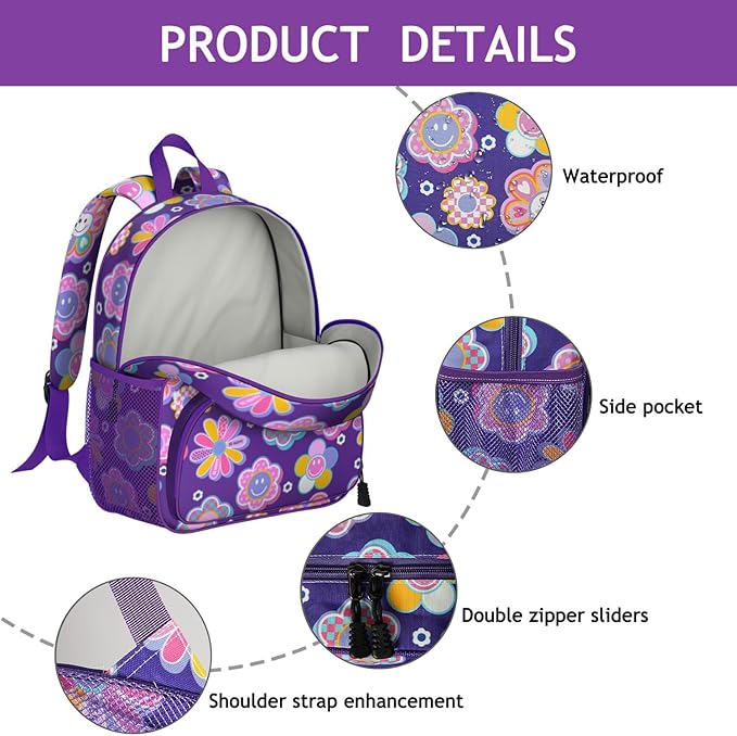 Toddler Backpack for Girls 3-8: Preschool Kindergarten Backpack - Cute Kids Backpacks for Girls-Purple Smile