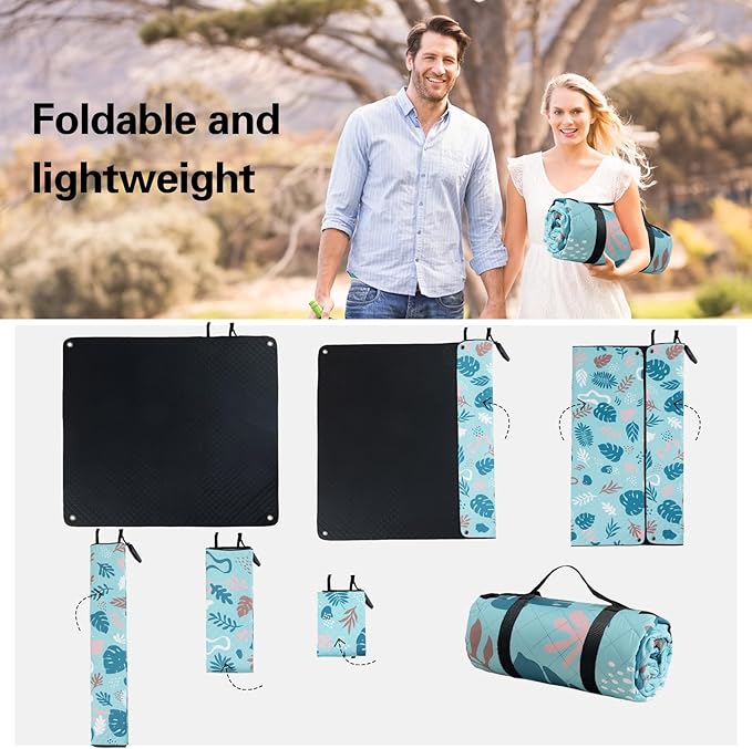 PY SUPER MODE Extra Large Waterproof Picnic Blankets 83x79 Inches - 5 Layer Outdoor Picnic Mat for Beach Camping Park Lawn, Windproof Anchor System with Stakes, Foldable Blue&Green