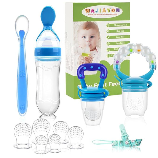WAJIAYON Baby Fruit Feeder Pacifier - 12 Pack | 2 Infant Food Feeder Pacifier & 1 Babies Food Dispensing Spoon | Fruit Teethers for Babies | Silicone Teether Feeder Baby,Infant Teething Feeders (Blue)