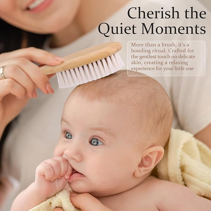Bamboo Baby Brush and Comb Set (3-Piece) | Ultra-Soft Goat Bristle Newborn Hair Brush for Gently Soothing Cradle Cap | Natural Massage Brush & Toddler Comb | Perfect Baby Registry & Shower Gift
