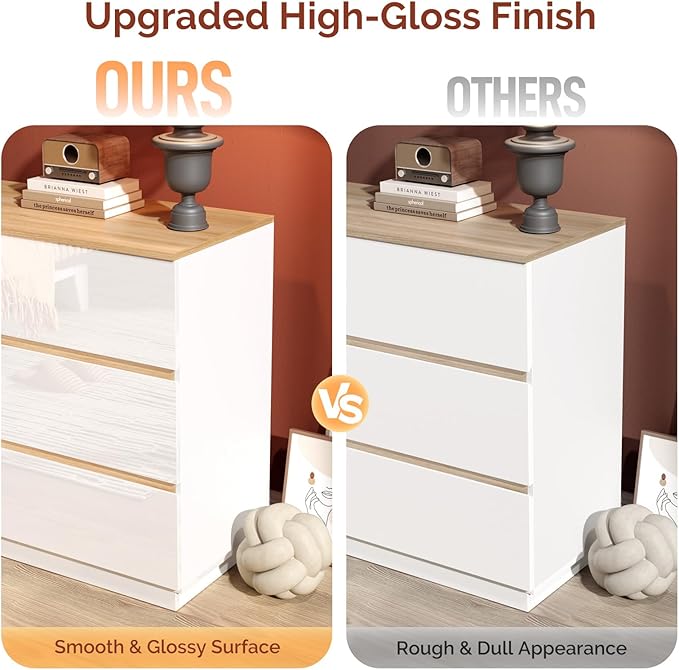 VINGLI White Dresser High Gloss Chest of Drawers, 6 Drawer Dresser for Bedroom, Modern Dressers Wood, Brown Top, 47.2" W x 15.75" D x 31.5" H