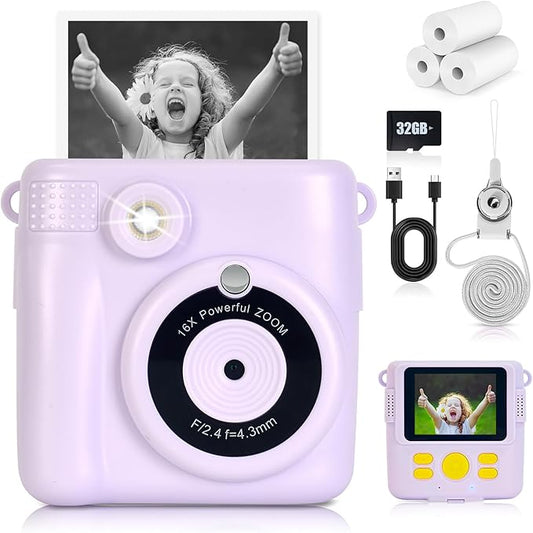 Instant Print Camera for Kids - 2.4 Inch Kids Camera Instant Print with Paper & 32G Card- Digital Children Toys as Christams Birthday Gifts for Girls Boys Age 3-12 - Purple