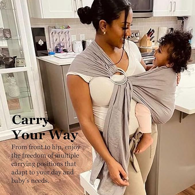 Ring Sling Baby Carrier, Soft Linen Cotton Baby Sling Carrier Newborn to Toddler, Baby Wrap Carrier for Plus Size Parents, Perfect Shower Gift, Grey