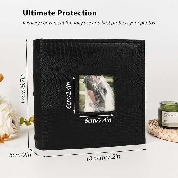 RECUTMS Mini Photo Album 4x6 100 Photos Book with Memo Areas, Leather Cover with Front Window,Small Photo Album for Wedding Trip Birthday Anniversary (Black)