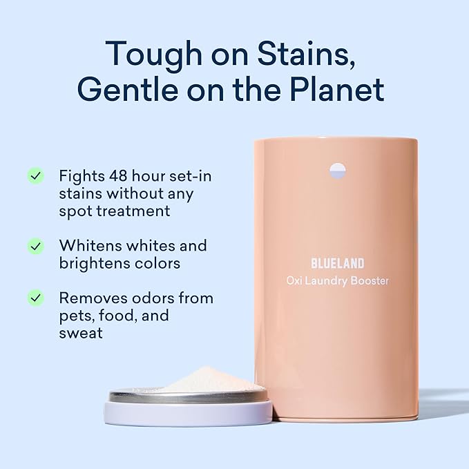 BLUELAND Oxi Laundry Booster Powder with Tin, Starter Set, Fragrance Free & Clear, 25 Loads, 17.6 oz, Plastic-Free, Eco Friendly, Oxy Cleaner, Stain Remover