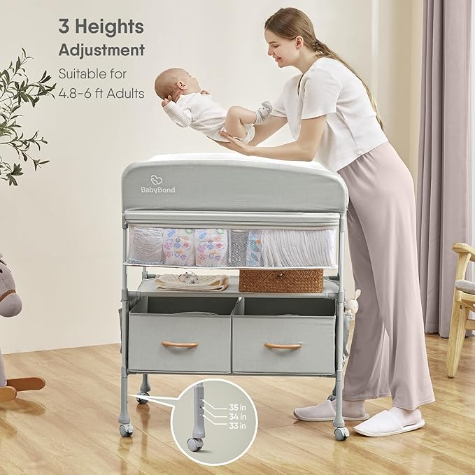 BabyBond Portable Baby Changing Table with 2 Storage Baskets, Foldable Changing Table Dresser Waterproof Diaper Changing Table Height Adjustable Changing Station for Infant and Newborn(Beige)