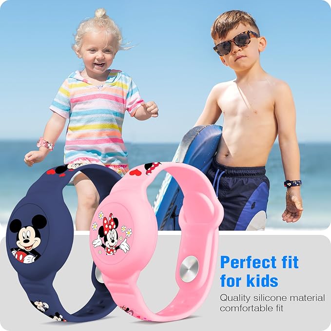 Waterproof Airtag Bracelet for Kids [2 Pack], Cute Cartoon Air Tag Holder for Kids with Full Coverage Hidden Design, Silicone Airtag Wristband for Child, Healthy Material Blue + Pink
