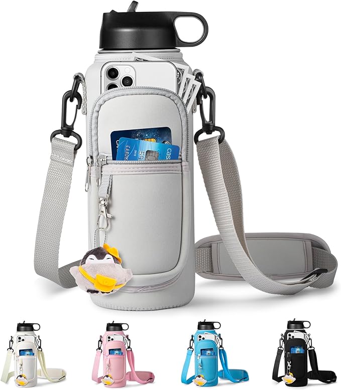 Water Bottle Holder with Strap for Hydroflask 32oz 40oz, Carrier Sling Bag with Phone Pocket Sleeve for Men Women Hiking Camping Travelling