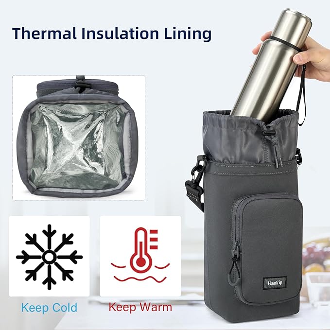 Insulated Water Bottle Carrier Bag with Strap Phone Pocket for 25/32/40/64 oz Tumbler Cup, Water Bottle Holder