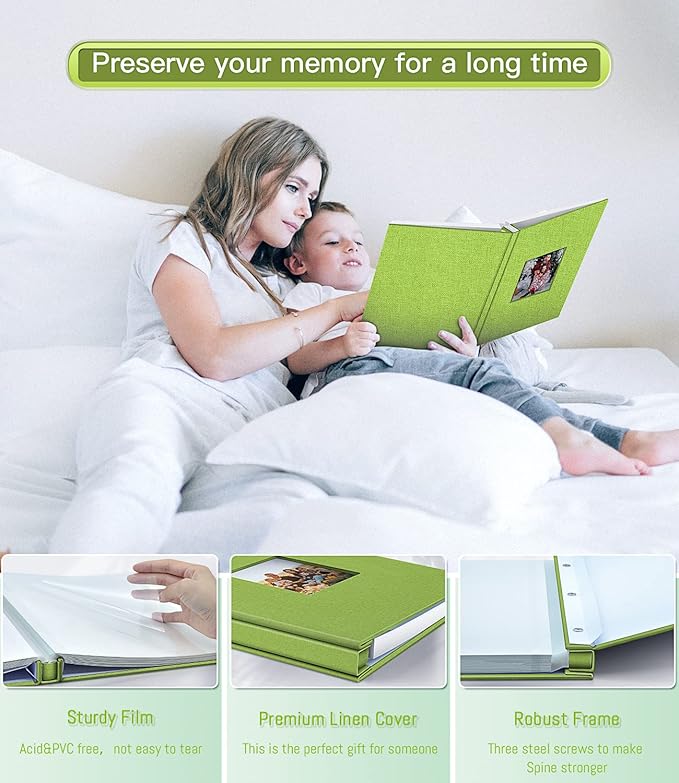 popotop Photo Album Self Adhesive with Picture Display Window,40 Pages DIY Scrapbooking Supplies Kit for 4x6 8x10 Picture,Linen Cover Memory Book for Baby Wedding, with Scraper and Metallic Pen