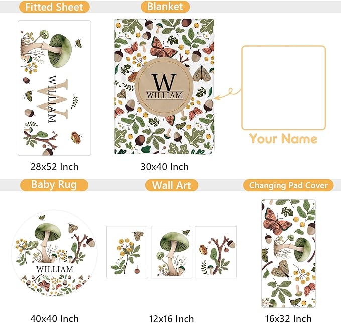 Personalized Crib Bedding Set, 5 Pcs Custom Nursery Bedding Sets with Name, Infant Bedding Set for Baby Boy Girl, Mushroom Double Layer Baby Crib Set, Babies Toddlers Kids Customized Gifts