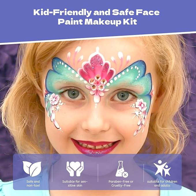 Pintada 120g Large Capacity Face Painting Kit for Kids - 12 x 10g Non Toxic Water Activated Face Paint Palette with Brush, Stencils, Gems, Sponges. For Halloween , Carnival, Party, Festivals & Events.
