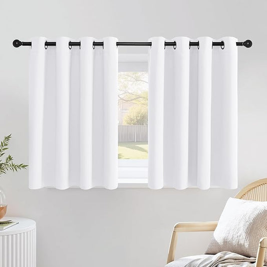 NICETOWN White Kitchen Curtains 36 inches Long, Modern Design Solid Grommet Thermal Insulated Window Treatments for Basement & Cafe, 2 Panels, W52 x L36