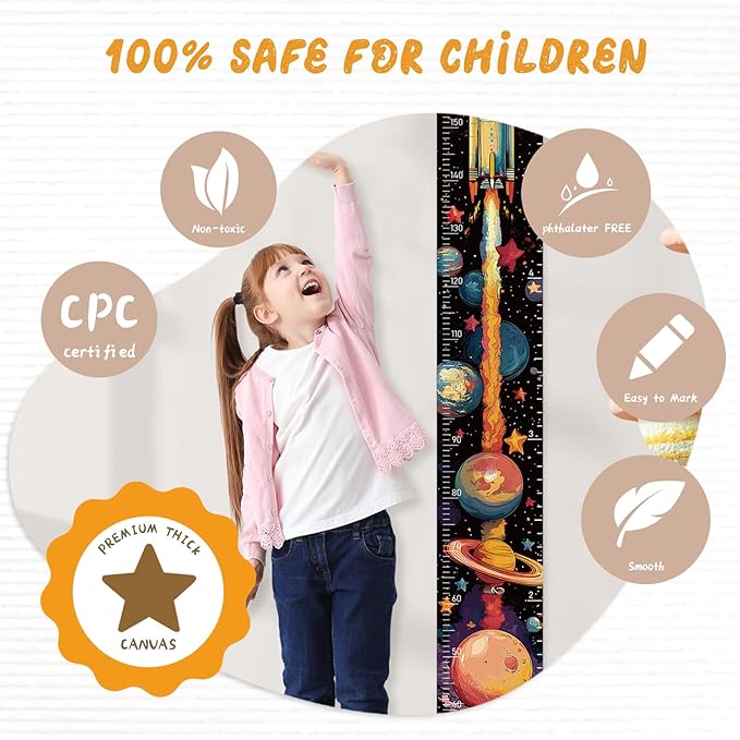 Personalized Name Growth Chart Wall Decor for Kids – Canvas Removable Height Chart Measuring Ruler 59" x 7.9" (Rocket)