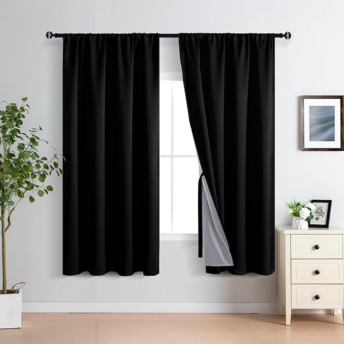 XWZO Full Shading Blackout Curtains 72 Inches Length - Heat and Light Blocking Rod Pocket Window Drapes with Black Liner Backing for Bedroom Sewn with Tiebacks, Black, W52 x L72, Set of 2