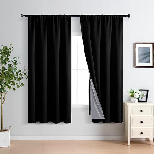 XWZO Full Shading Blackout Curtains 72 Inches Length - Heat and Light Blocking Rod Pocket Window Drapes with Black Liner Backing for Bedroom Sewn with Tiebacks, Black, W52 x L72, Set of 2