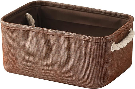 TheWarmHome Small Fabric Canvas Storage Bin with Cotton Rope Handles - Foldable Empty Basket for Gift (Brown-1 Pack,11.8L7.9W5.2H inch)