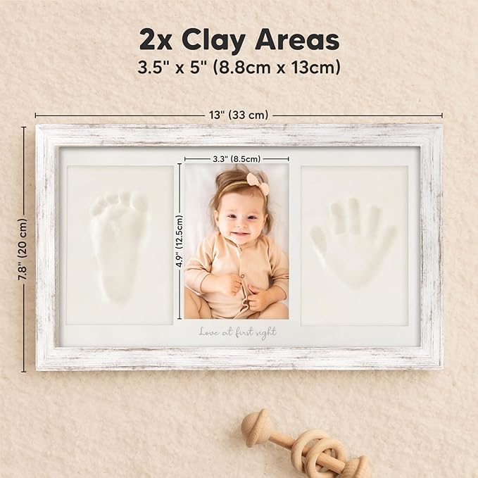 Baby Hand and Footprint Kit - Clay Handprint Keepsake Frame, Newborn Nursery Picture Frame, Personalized New Mom Gifts for Baby Shower & Registry (Vintage White)