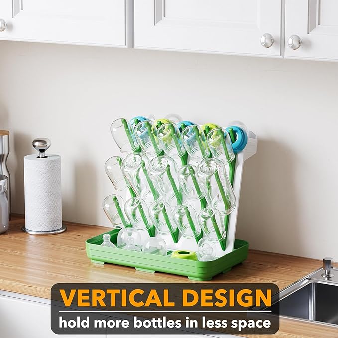 SpaceAid Baby Bottle Drying Rack with 20 Hooks, Space Saving Kitchen Bottles Rack Dryer, Vertical Baby Bottle Holder Organizer for Countertop Storage Accessories (White and Green)