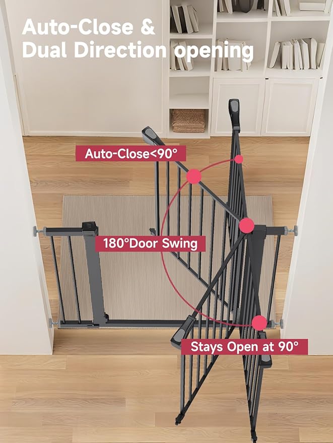Baby Gate for Stairs, 29.5-40.5" Dog Gate for Doorways, Walk Thru Auto Close Metal Child Gate for The House, Stairs and Doorways, Pressure Mounted Pet Gate for Dog Indoor (Black)