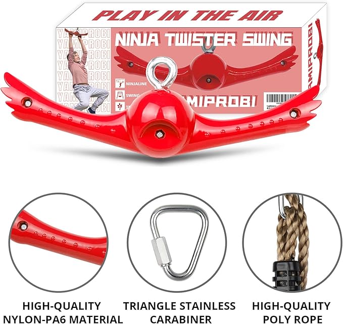 Ninja-Twister Swing Spins Set: Slackline Attachments - 360° Handle Twist-Spin Flips Toy Activate Ninja Powers Warrior Accessories Kids Hang Toys for Playground Backyard, Red