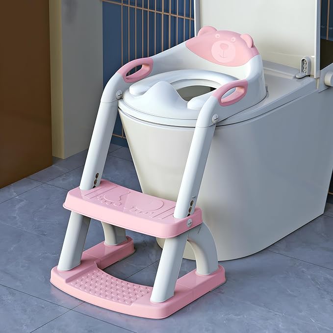 SKYROKU Potty Training Toilet, New Sector-Shape Stabilized Base two in one Toddler Toilet Seat with Splash Guard, Anti Slip Pad, and Step Stool Pink