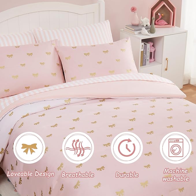 Twin Comforter Set with Sheets for Girls-5 Pieces Twin Bedding Sets with Pink Comforter, Sheets, Pillowcase & Sham for Kids (Pink Gold Bow, 66" X 86")