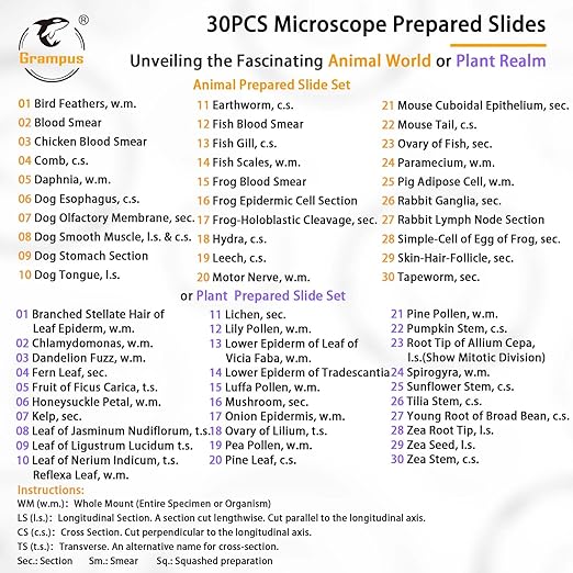 30 Prepared Microscope Slides with Specimens for Kids Students-Animal and Plant Microscope Slide Sets - Random Delivery (Either One Set) for Biological Lab, Children's Science Education, Homeschooling
