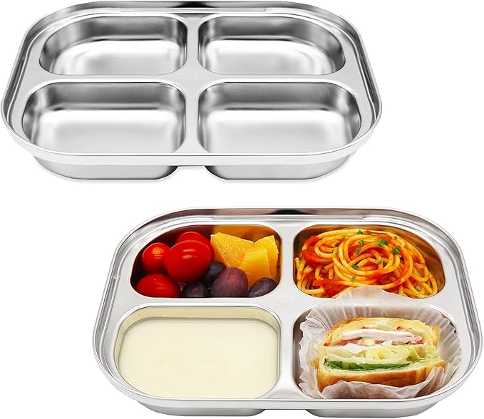 Korean Stainless Steel Divided Plates by KS&E, Little Kids Toddlers Babies Tray, BPA Free, Diet Food Control, Compact Serving Platter, Dinner Snack, 4 Compartment Plate Silver, Set of 2
