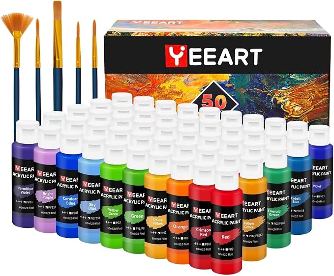 50 Color Acrylic Paint Set, 2oz Bottles, Rich Pigmented Canvas Paint with 10 Brushes &Palette, Professional Art Supplies Kit for Adults & Kids, Non-Toxic, Suitable for Canvas, Rocks, Wood