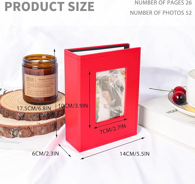 RECUTMS Photo Album for 4x6, Mini Album with 52 Pockets, Leather Cover Picture Book with Front Window, 52 Vertical Photos for Baby Wedding Anniversary Vacation Traveling (Red)