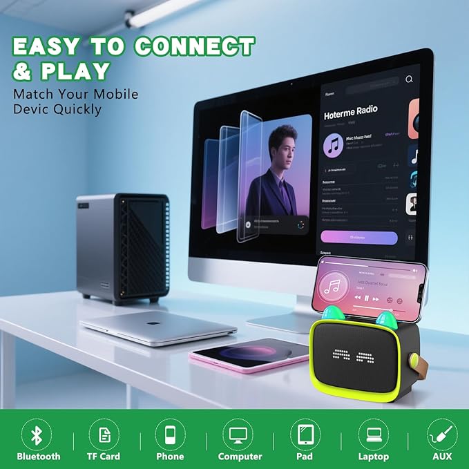 Mgaolo Upgraded Mini Karaoke Machine Toy for Kids, Portable Bluetooth Speaker with 2 Wireless Mics, Emoji & Colorful LED Lights, Home Travel & Party Play Gifts for Boys Girls (Green)