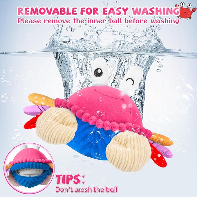 Pink Crawling Crab Baby Toy - Rechargeable Musical Plush Toys with 40 Songs & Voice Recorder, Sensory Toy for Infant Tummy Time, Soft Toy for 12-18 Months Girl, Gift for Toddlers 1-3