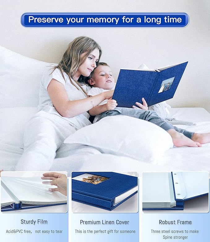 popotop Photo Album Self Adhesive with Picture Display Window,40 Pages DIY Scrapbooking Supplies Kit for 4x6 10x12 Picture,Linen Cover Memory Book for Baby Wedding, with Scraper and Metallic Pen