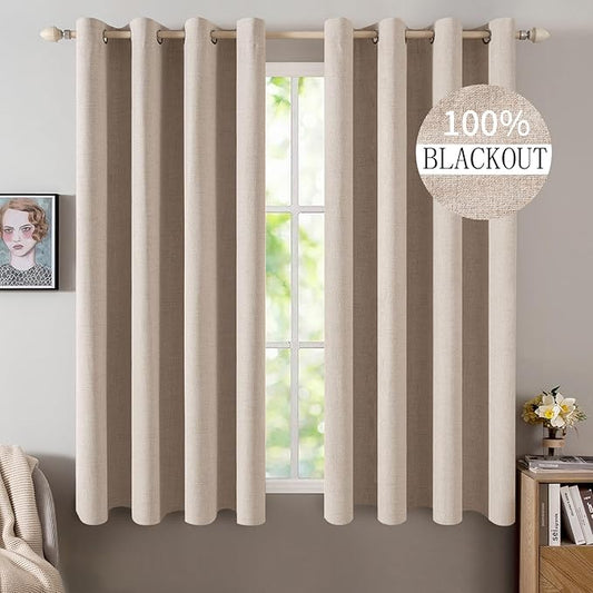 MIULEE Linen Textured Curtains for Bedroom Solid 100% Blackout Thermal Insulated Natural Beige Grommet Room Darkening Curtains & Drapes Luxury Decor for Living Room Nursery 52 x 54 Inch (2 Panels)